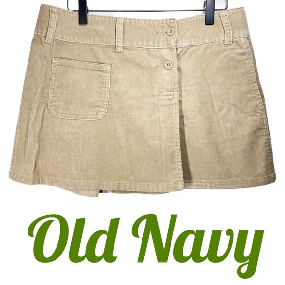 OLD NAVY VINTAGE Y2K STRETCH CORDUROY PLEATED MINI SKIRT TAN PREPPY ACADEMIA 6 - Picture 1 of 9